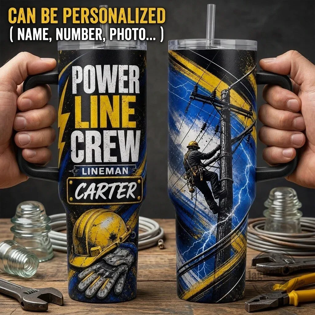 Personalized Power Line Crew Lineman 40oz Tumbler with Handle, Custom Electrician Gift