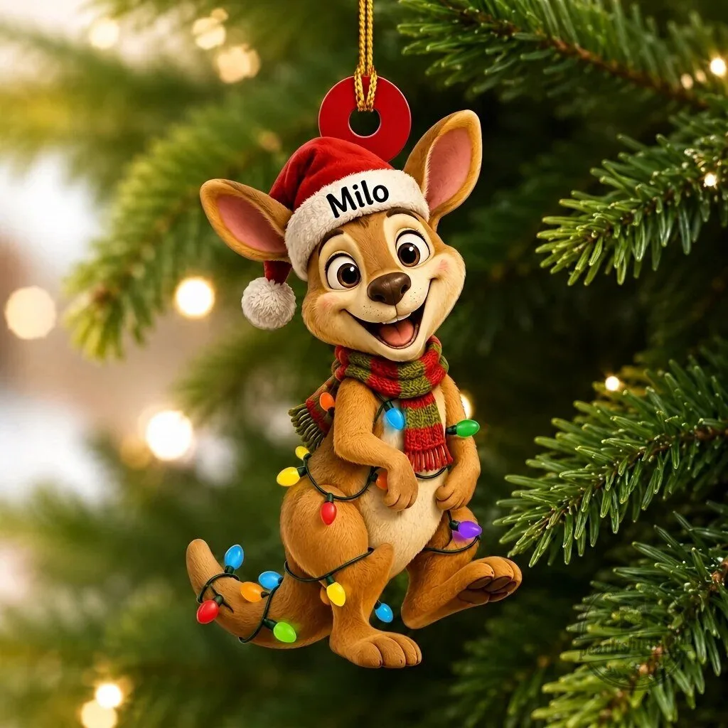 Personalized Kangaroo Wearing Santa Hat and Christmas Lights Holiday Ornament