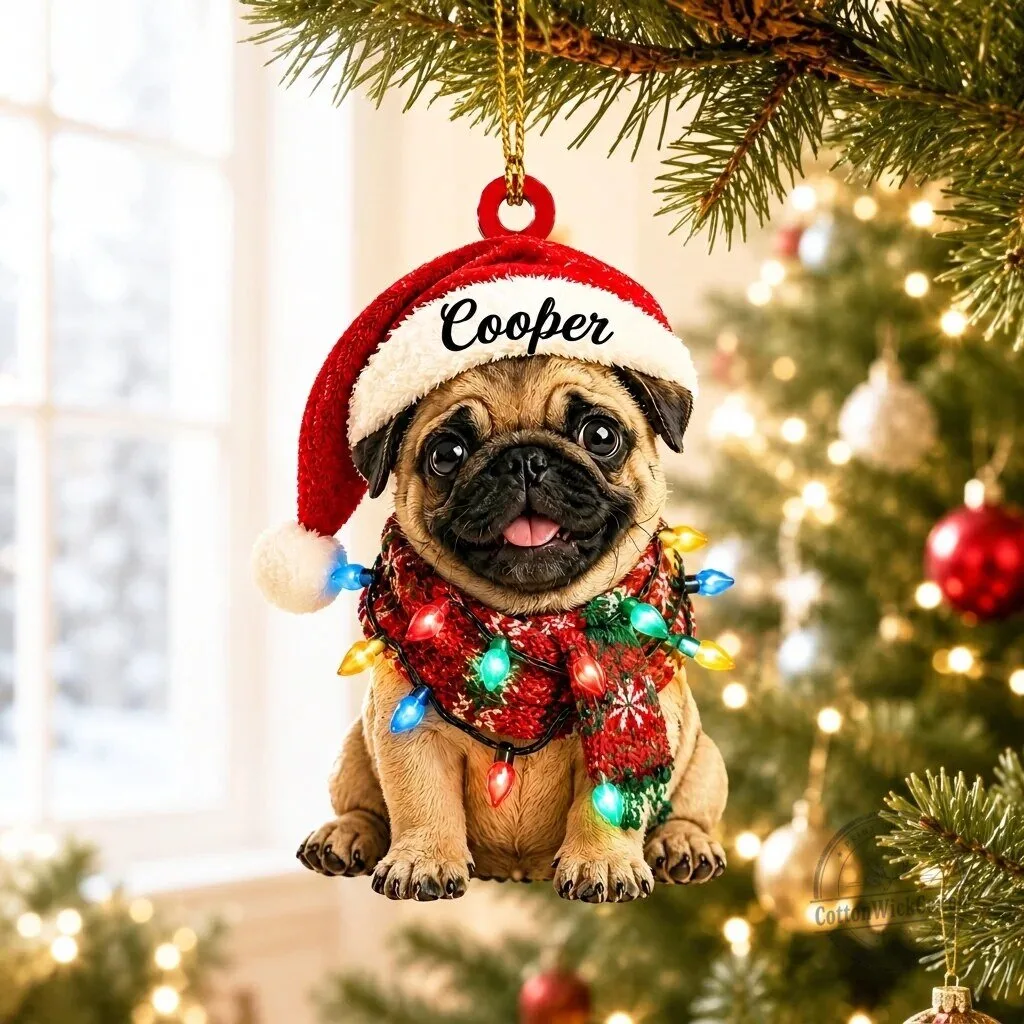 Personalized Pug Dog in Santa Hat Christmas Tree Ornament