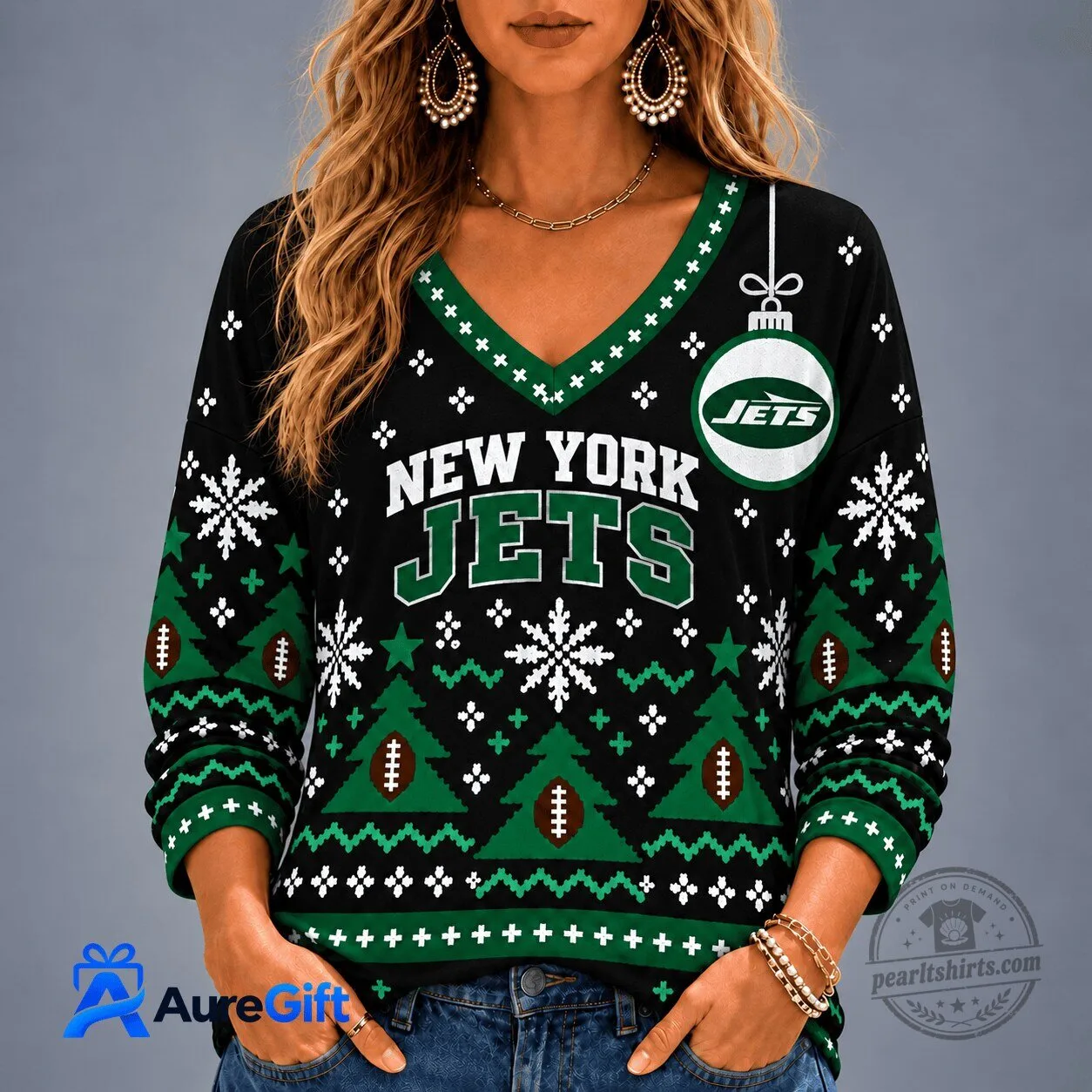New York Jets Christmas Ugly Sweater Style Long Sleeve V-Neck T-Shirt