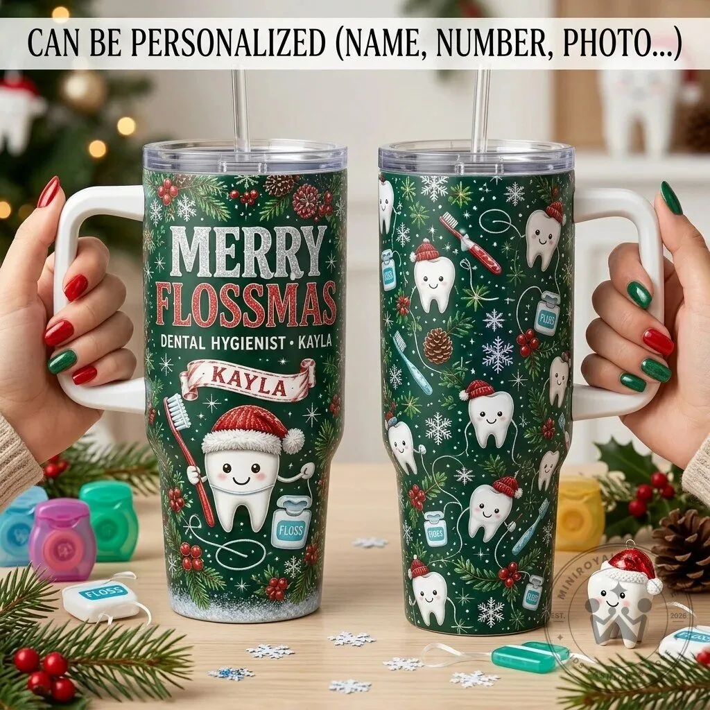Merry Flossmas Dental Hygienist Christmas Personalized Tumbler with Handle