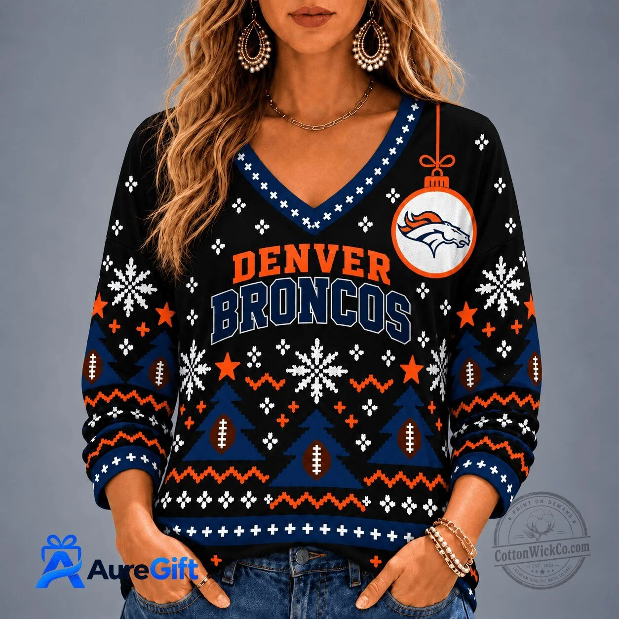 Denver Broncos NFL Christmas Ugly Sweater Style Long Sleeve Shirt