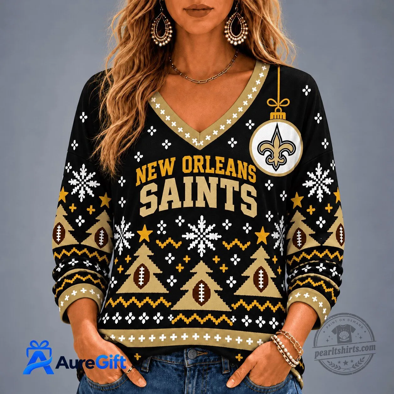 New Orleans Saints Ugly Christmas Sweater Style Long Sleeve V-Neck Shirt for Women