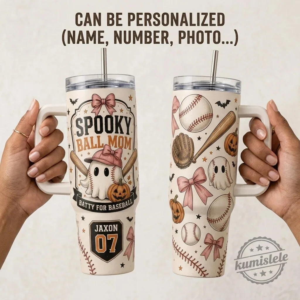 Personalized Spooky Ball Mom Halloween Baseball Ghost 40oz Tumbler with Handle