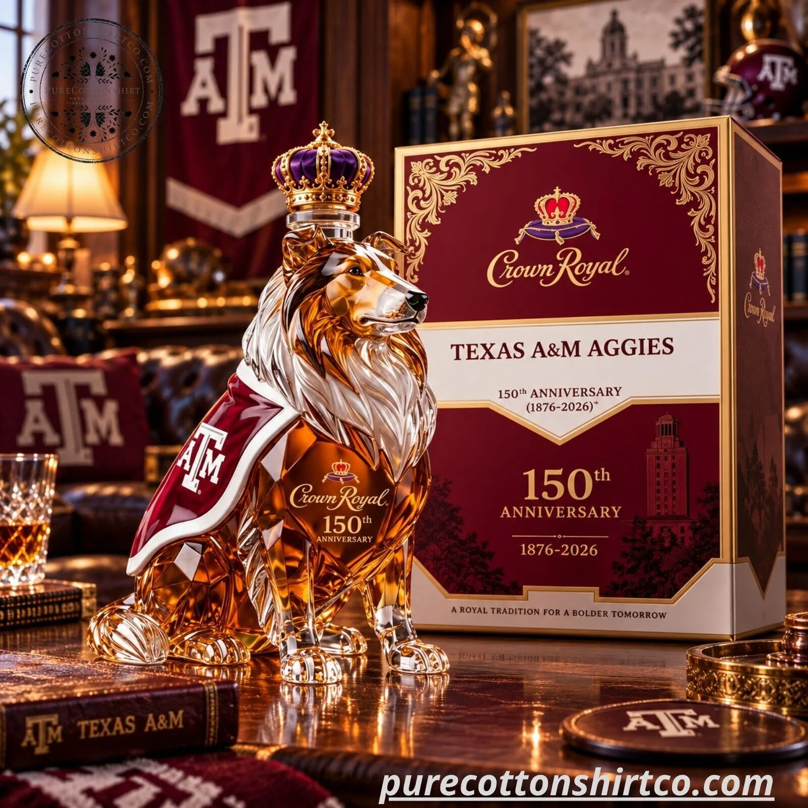 Texas A&M Aggies Crown Royal 150th Anniversary Whiskey Decanter - Reveille Dog Glass Bottle