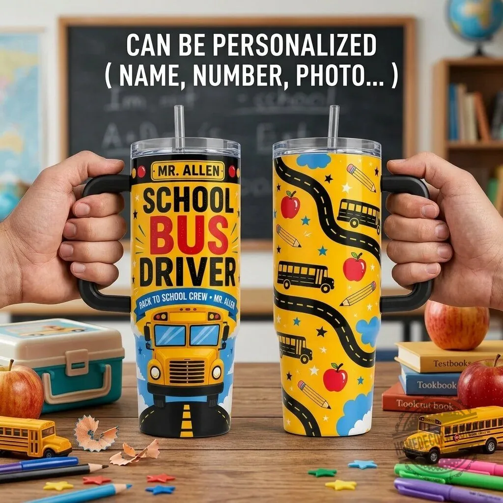 Personalized School Bus Driver 40oz Tumbler with Handle, Custom Name Back to School Gift