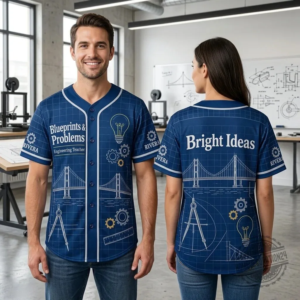 Engineering Teacher Blueprints and Problems Bright Ideas Baseball Jersey