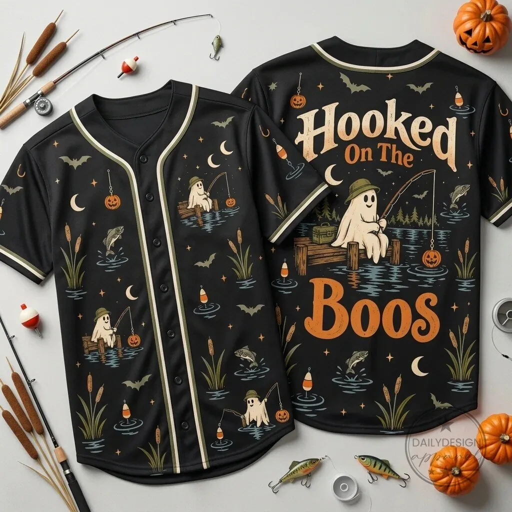 Hooked On The Boos Halloween Fishing Ghost Baseball Jersey