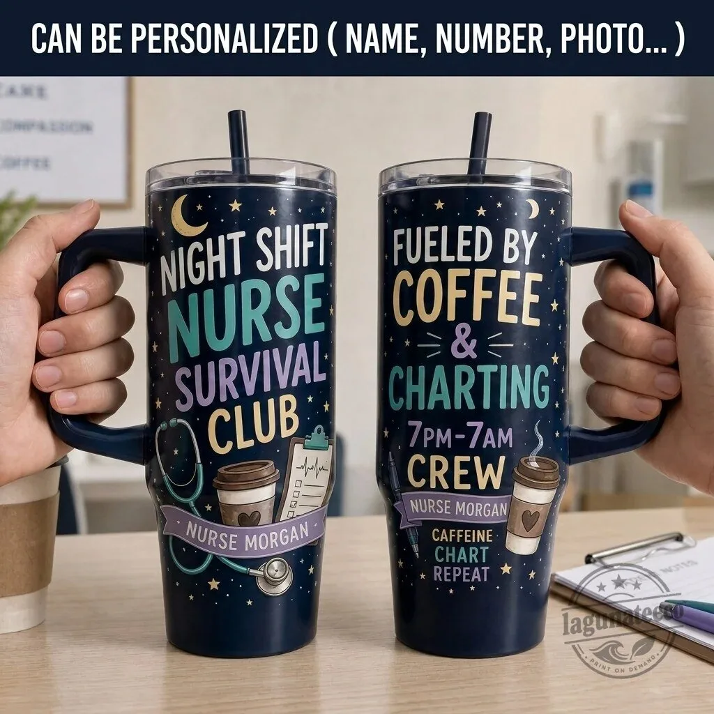 Night Shift Nurse Survival Club Personalized Coffee Tumbler with Handle and Straw