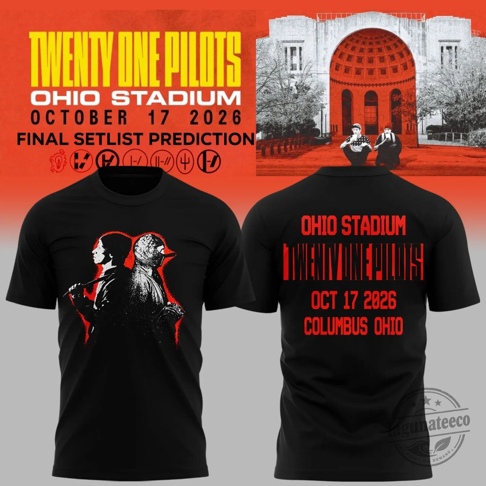 Black T-Shirt for October 2026 Twenty One Pilots Concert Tour at Ohio Stadium