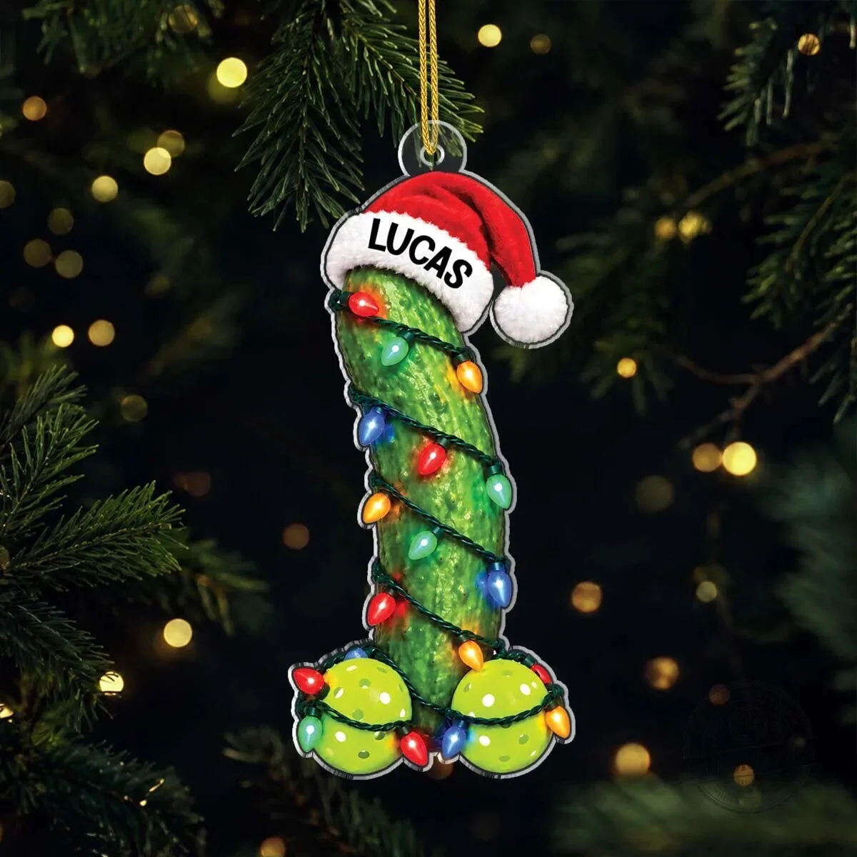 Personalized Christmas Pickle Ornament with Santa Hat and Lights Holiday Decor
