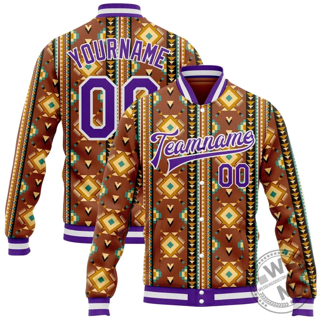 Custom Southwestern Geometric Aztec Brown Purple Varsity Letterman Jacket Custom Southwestern Geometric Aztec Brown Purple Varsity Letterman Jacket