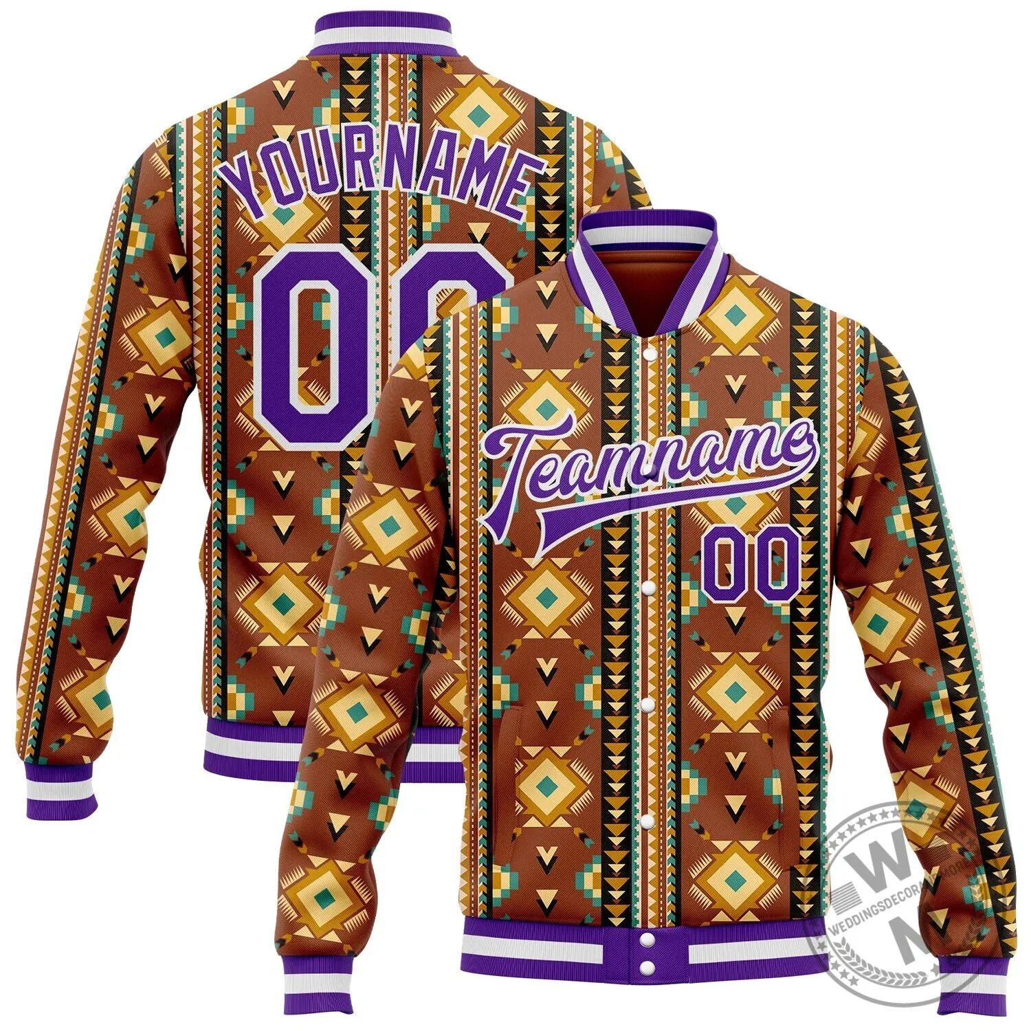 Custom Southwestern Geometric Aztec Brown Purple Varsity Letterman Jacket