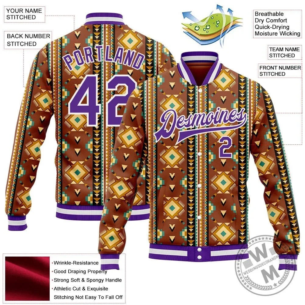 Custom Southwestern Geometric Aztec Brown Purple Varsity Letterman Jacket 9 Custom Southwestern Geometric Aztec Brown Purple Varsity Letterman Jacket