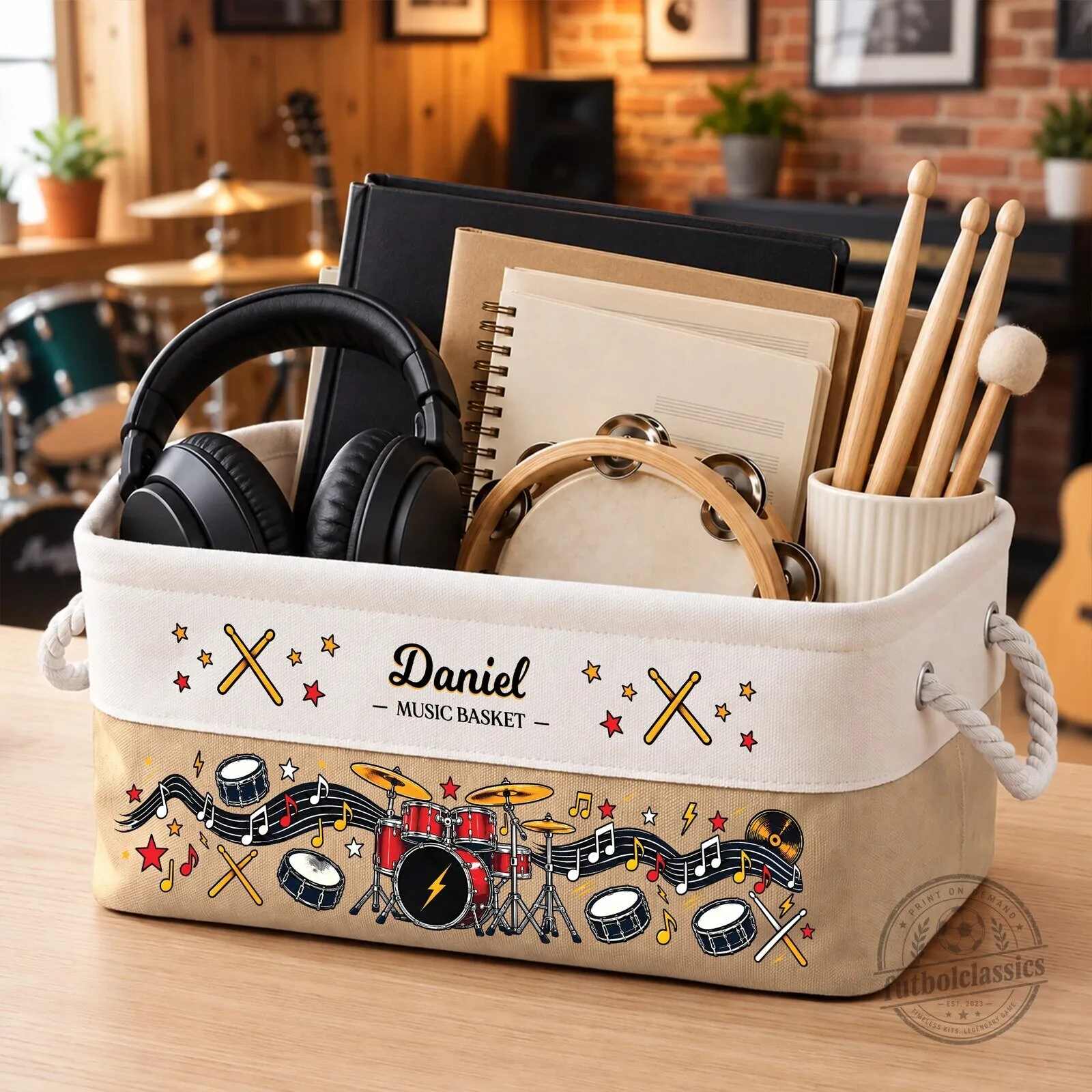 Personalized Music Basket for Drummers with Drum Kit Design