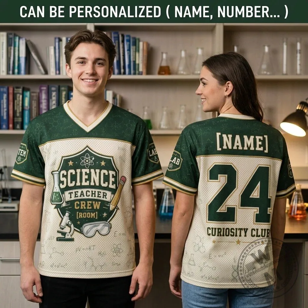 Personalized Science Teacher Crew Football Jersey - Custom Name and Number STEM Gift