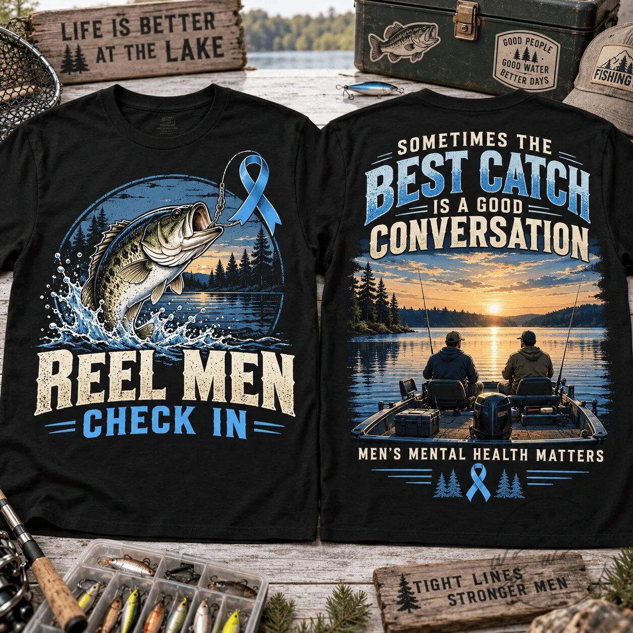 Reel Men Check In Mental Health Awareness Fishing Bass Sunset T-Shirt