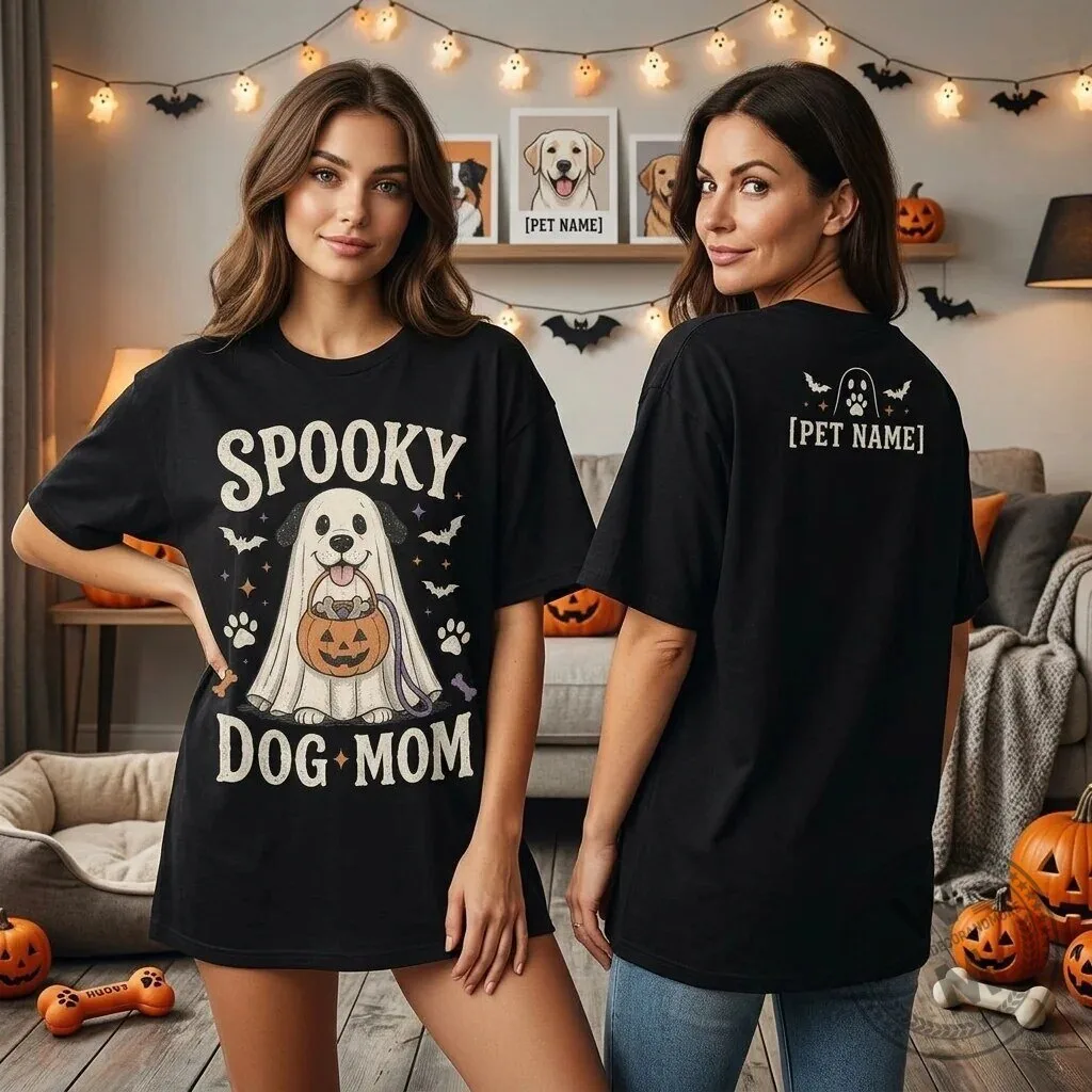 Spooky Dog Mom Halloween T-Shirt with Custom Pet Name for Women