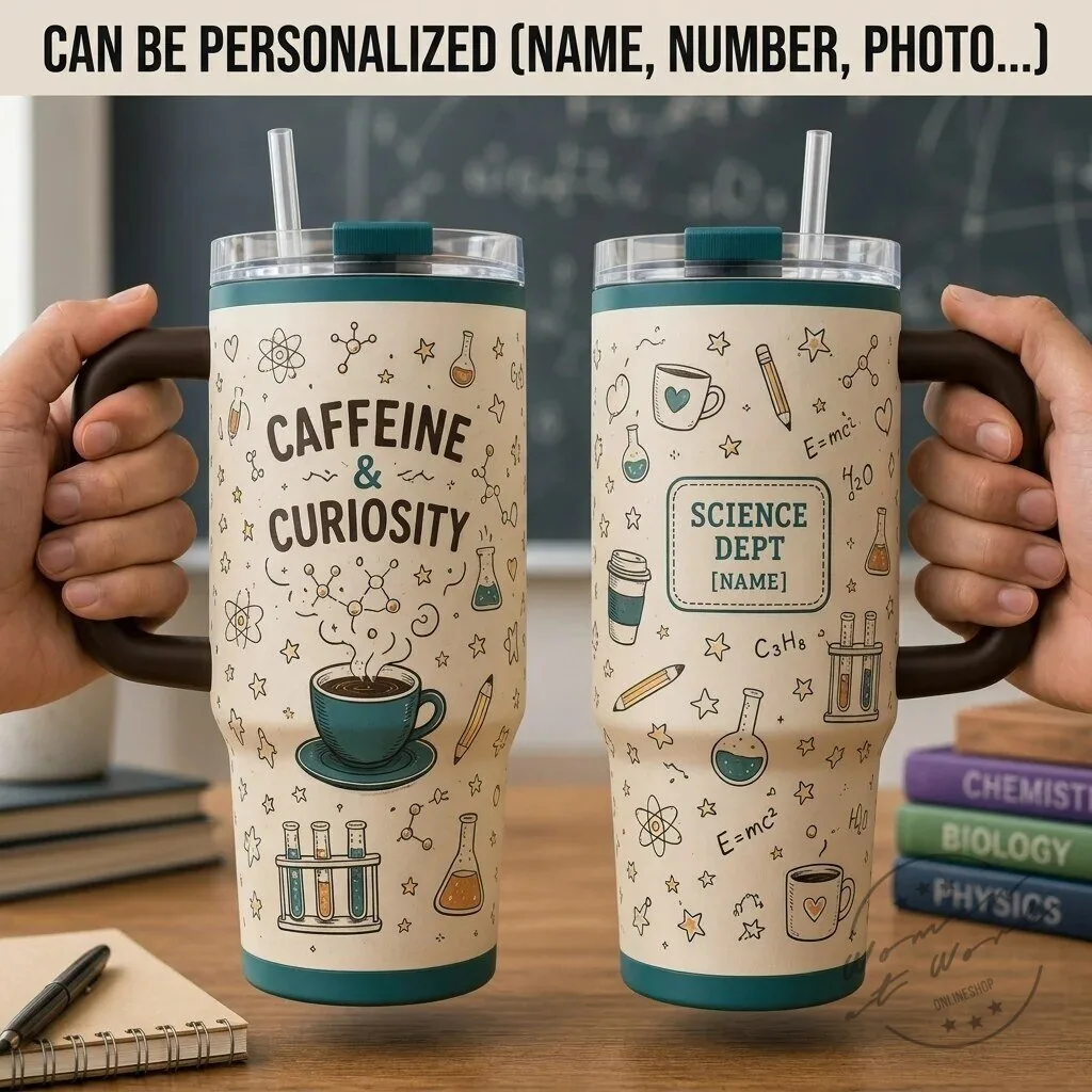 Personalized Caffeine and Curiosity Science Teacher Tumbler with Handle