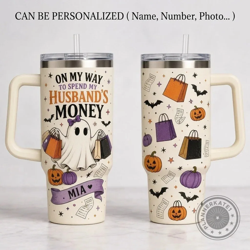 Personalized Spooky Ghost Shopping Halloween Tumbler with Handle