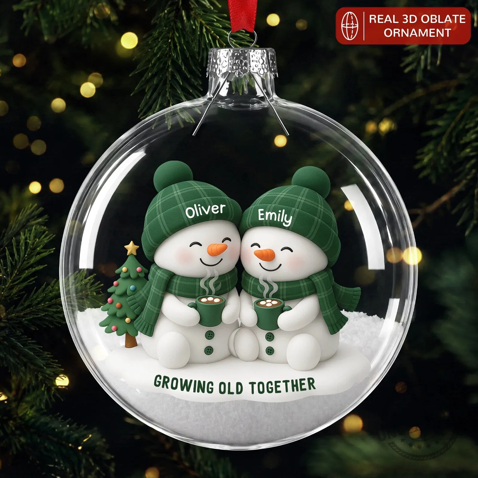 Christmas Tree Ornament Featuring a Personalized Snowman Couple Aging Together