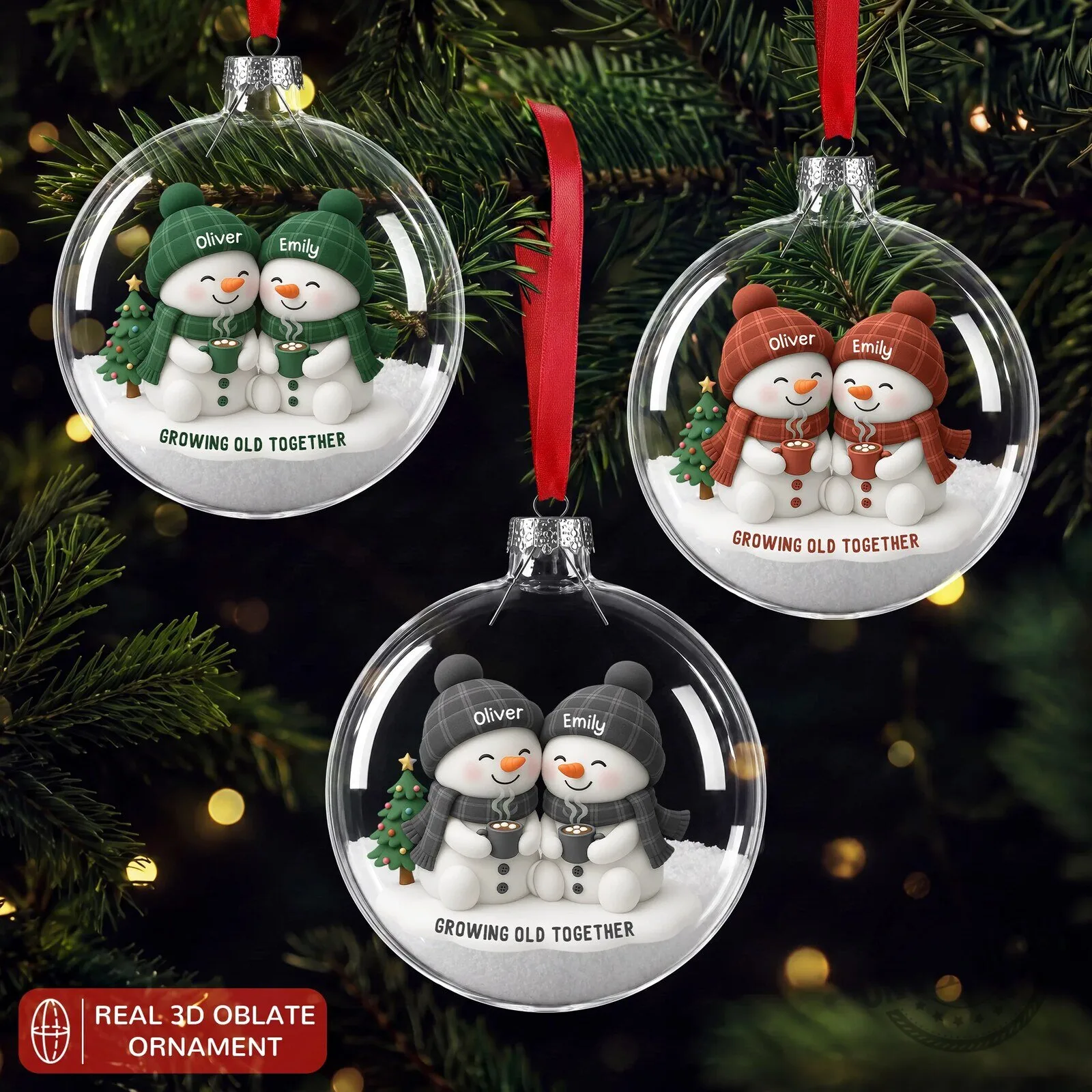 Christmas Tree Ornament Featuring a Personalized Snowman Couple Aging Together 6 Christmas Tree Ornament Featuring a Personalized Snowman Couple Aging Together