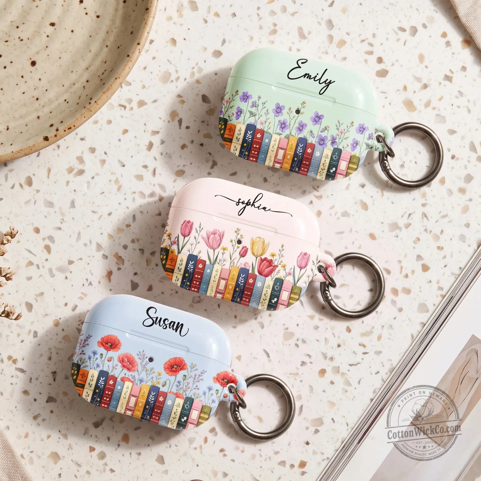 Personalized Floral Bookshelf AirPods Case with Custom Name for Book Lovers