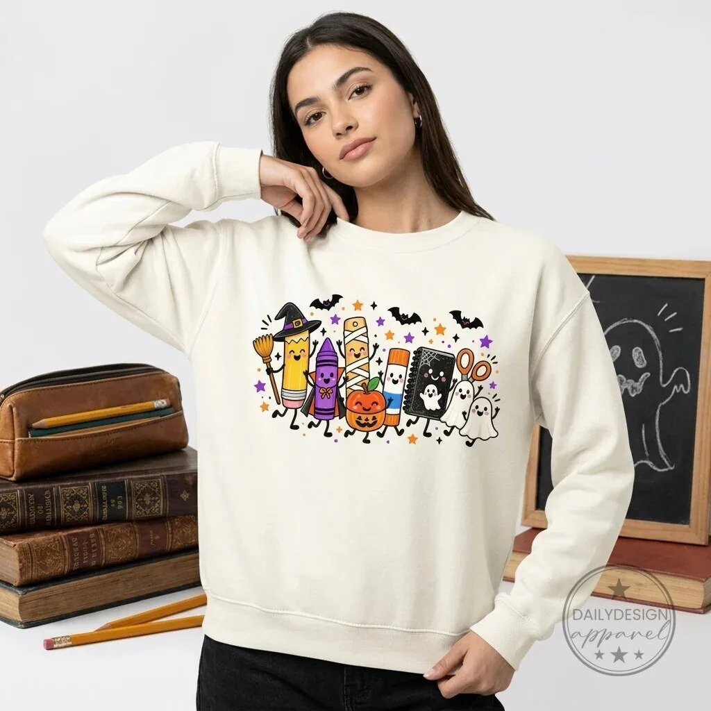 Cute Halloween School Supplies Cartoon Characters Teacher Sweatshirt