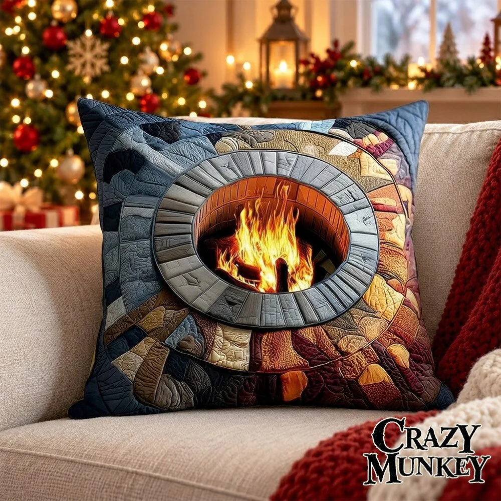 Fireside Tales Cozy Christmas Quilted Art Pillow Case | Home Decor