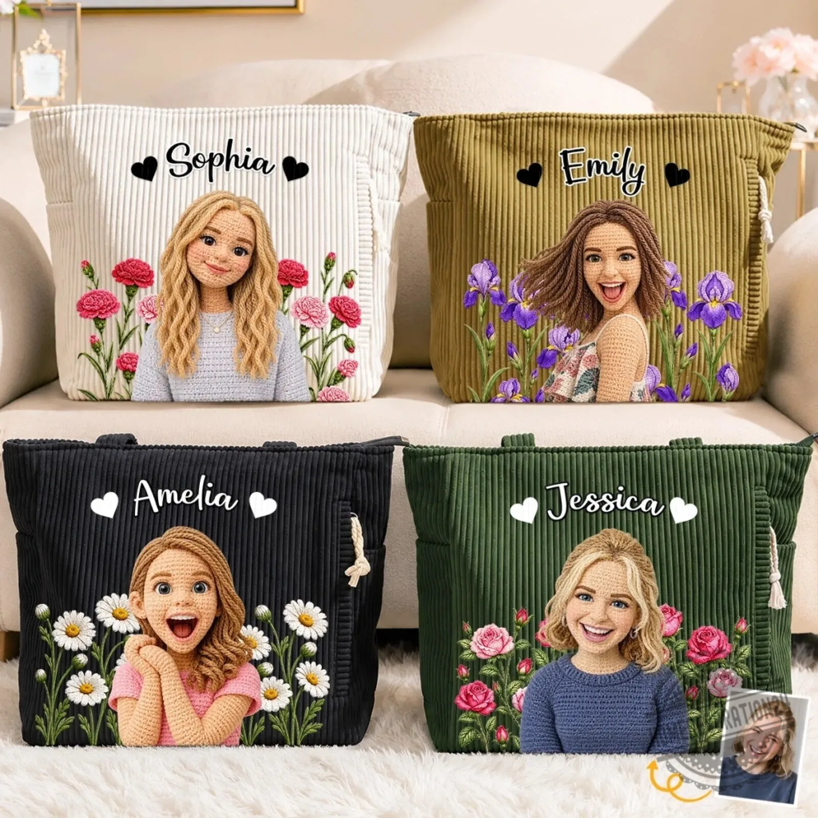 Personalized Custom Photo Portrait Floral Corduroy Tote Bag for Women