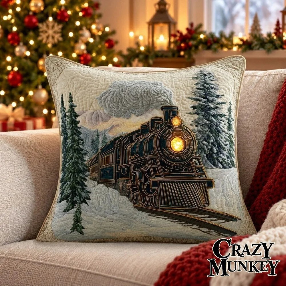 Frosty Train Ride Christmas Quilted Art Pillow Case | Home Decor