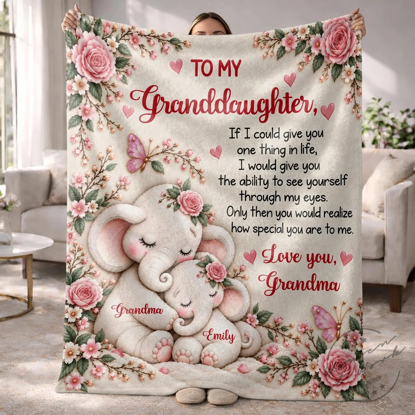 Personalized To My Granddaughter Elephant Floral Love You Grandma Blanket