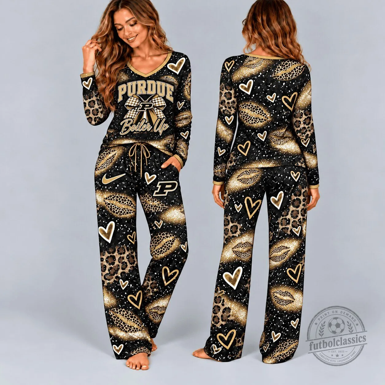 Purdue Boilermakers Leopard Print Heart Pattern Long Sleeve Pajamas Set