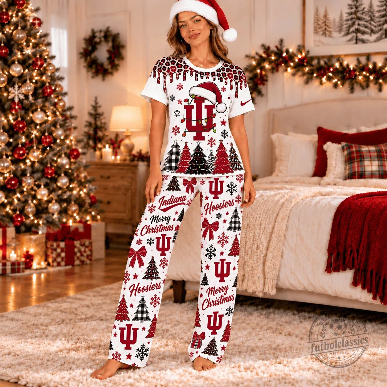 Indiana Hoosiers Christmas Leopard Drip Pajamas Set 1 Indiana Hoosiers Christmas Leopard Drip Pajamas Set