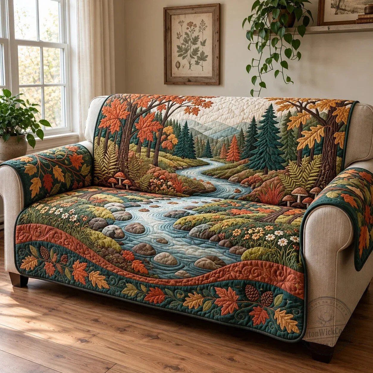 Autumn Woodland Creek Quilted Sofa Cover for Living Room Decor