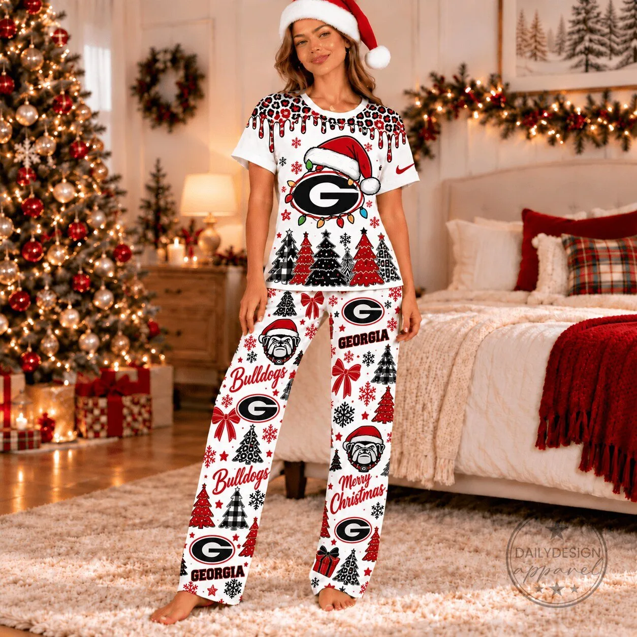 Georgia Bulldogs Christmas Leopard Drip Pajamas Set