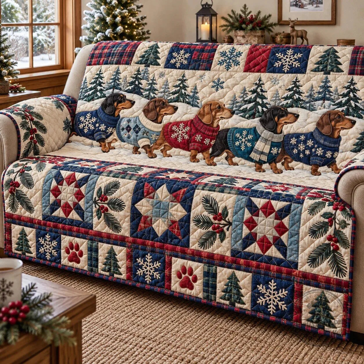 Dachshund Cuddles Quilted Sofa Cover with Winter Christmas Dog Design 9 Dachshund Cuddles Quilted Sofa Cover with Winter Christmas Dog Design