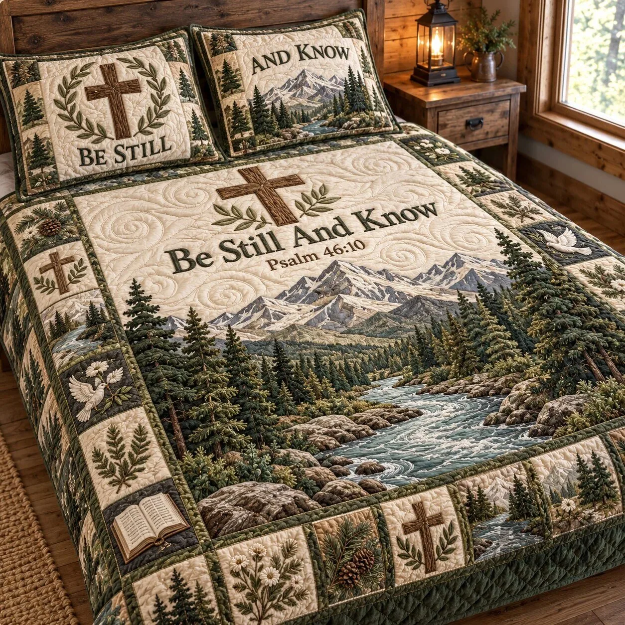 Be Still And Know Psalm 46:10 Mountain River Cross Quilted Bedding Set