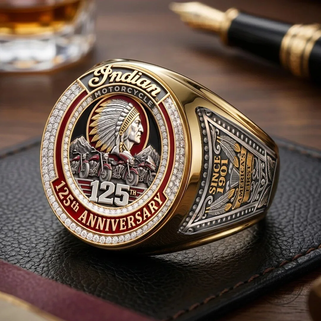 Engraved Gold Plated Ring Celebrating Indian Motorcycle's 125th Anniversary