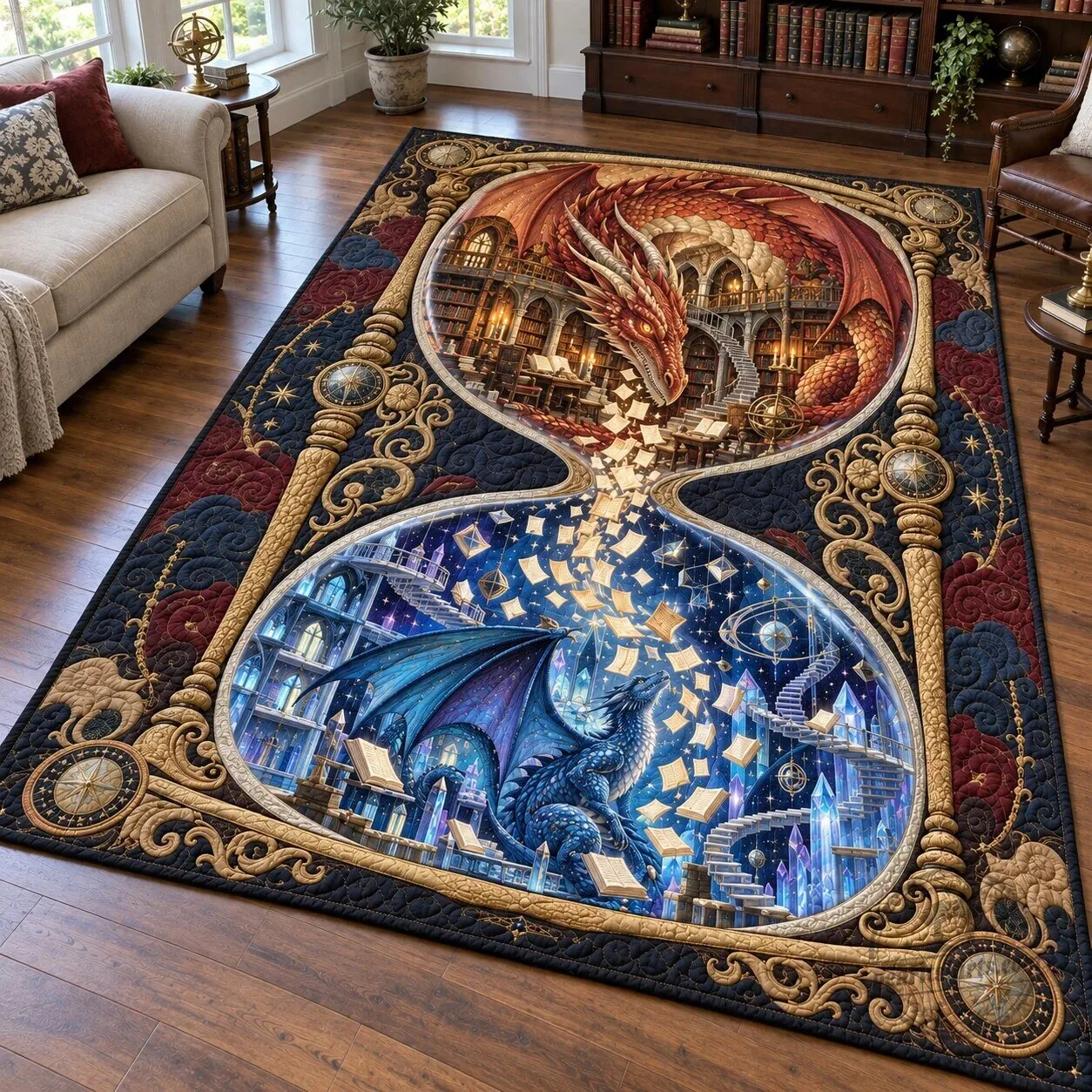 Fantasy Dragon Library Hourglass Design Area Rug for Home Decor