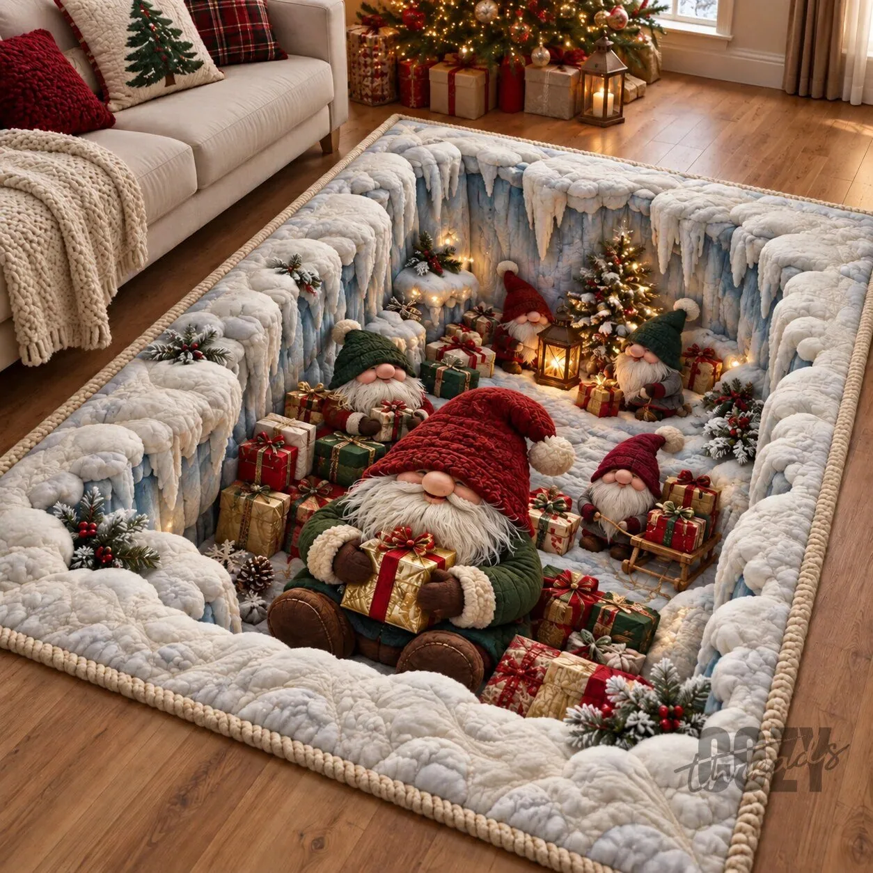 Christmas Gnome Winter Cave Scene Holiday Festive Area Rug