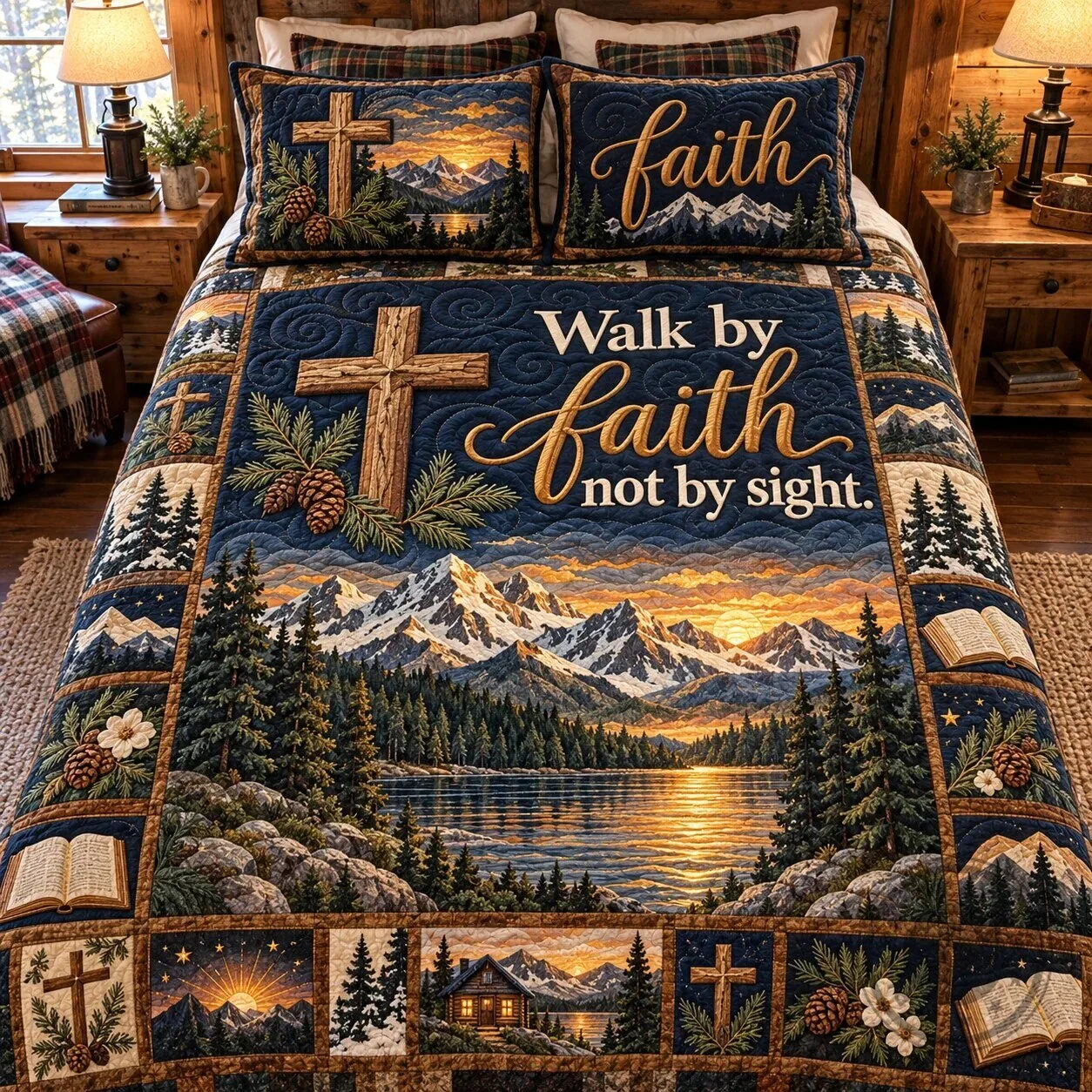 Walk By Faith Not By Sight Christian Cross Mountain Lake Quilt Bedding Set