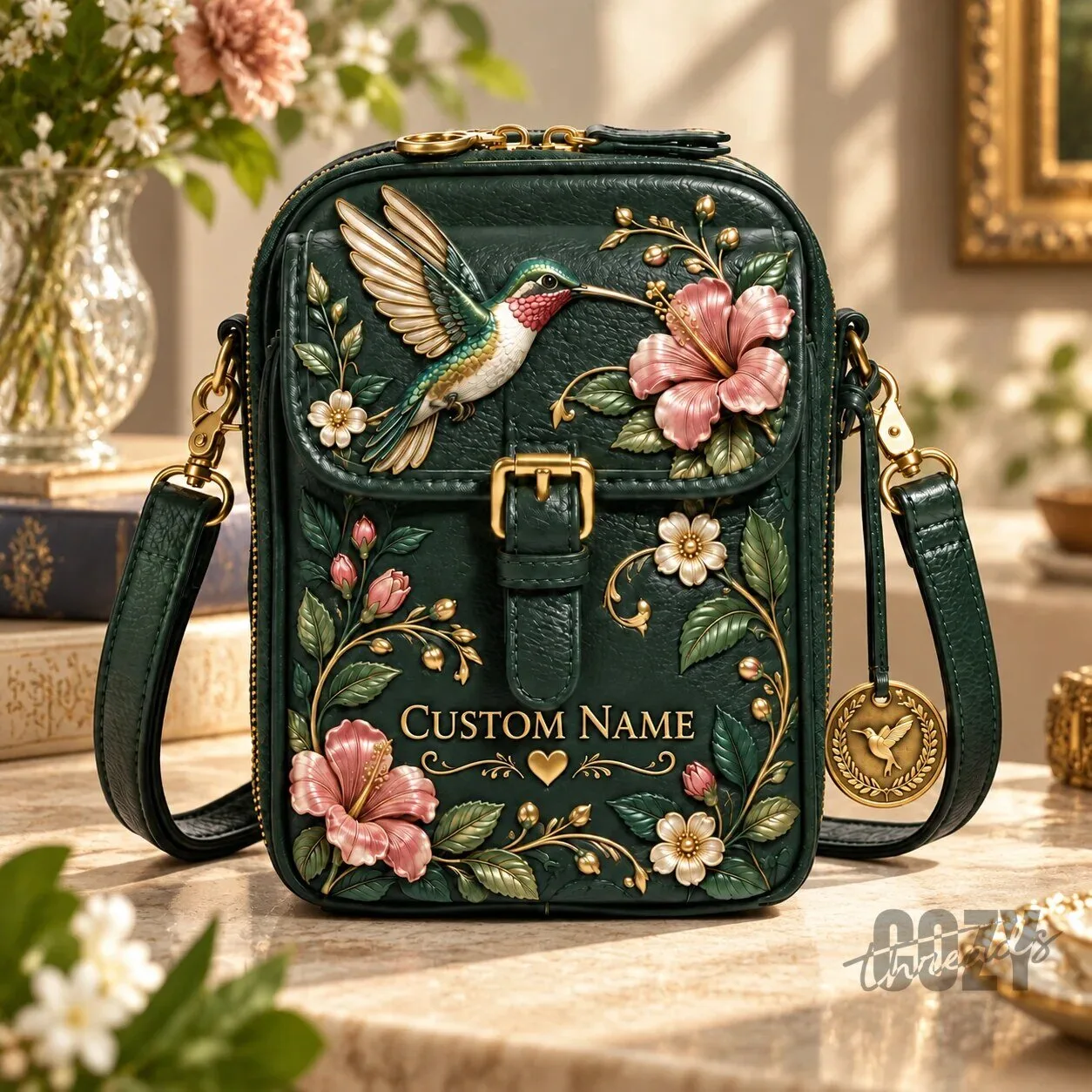 Personalized Hummingbird Crossbody Shoulder Bag with Floral Design