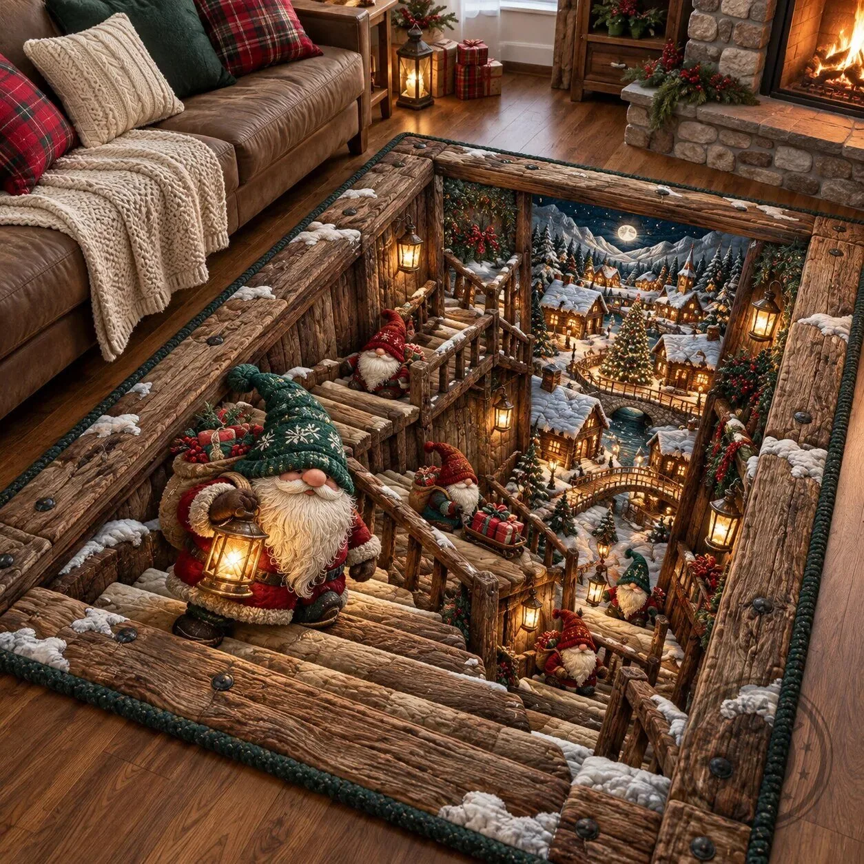 Christmas Gnome Village Winter Wonderland Wooden Stairs Holiday Area Rug