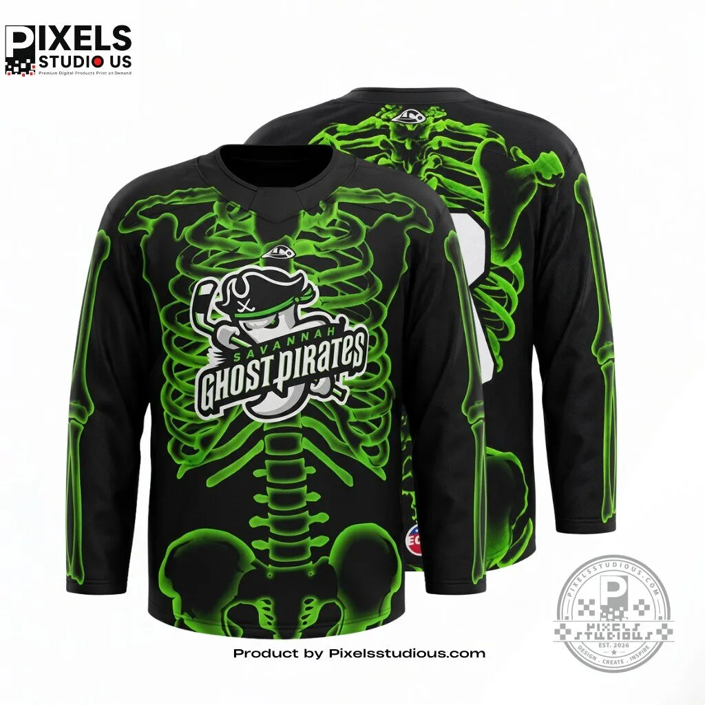 Savannah Ghost Pirates Glow-in-the-Dark Skeleton Halloween Theme Night Jersey 6 Savannah Ghost Pirates Glow-in-the-Dark Skeleton Halloween Theme Night Jersey 3D shirt or sports jersey with all-over print design