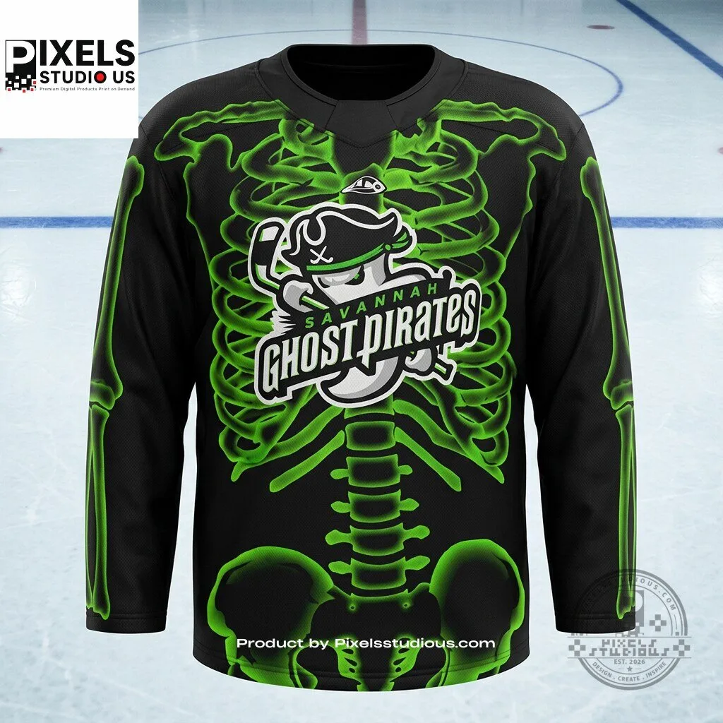 Savannah Ghost Pirates Glow-in-the-Dark Skeleton Halloween Theme Night Jersey 7 Savannah Ghost Pirates Glow-in-the-Dark Skeleton Halloween Theme Night Jersey 3D shirt or sports jersey with all-over print design