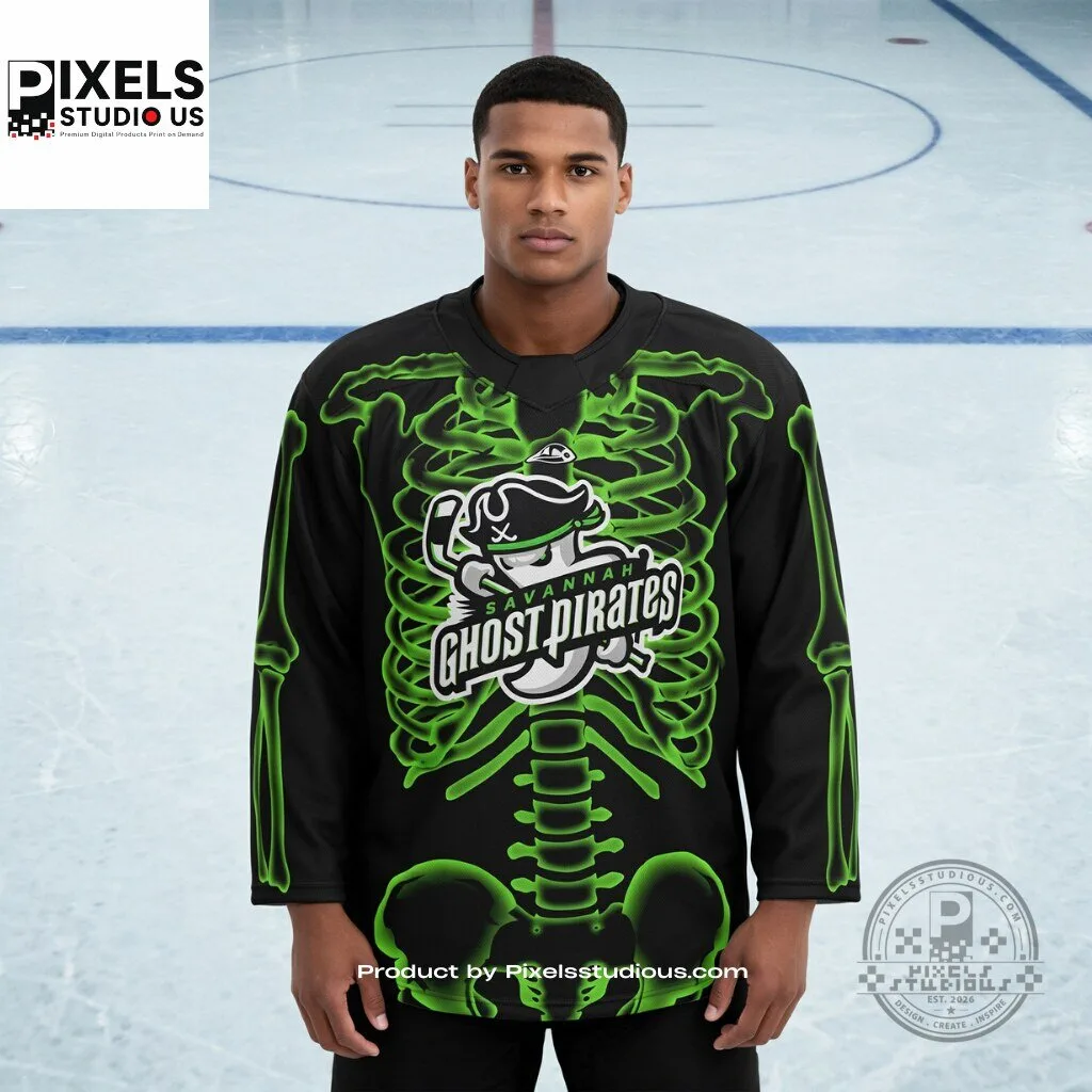 Savannah Ghost Pirates Glow-in-the-Dark Skeleton Halloween Theme Night Jersey 10 Savannah Ghost Pirates Glow-in-the-Dark Skeleton Halloween Theme Night Jersey 3D shirt or sports jersey with all-over print design