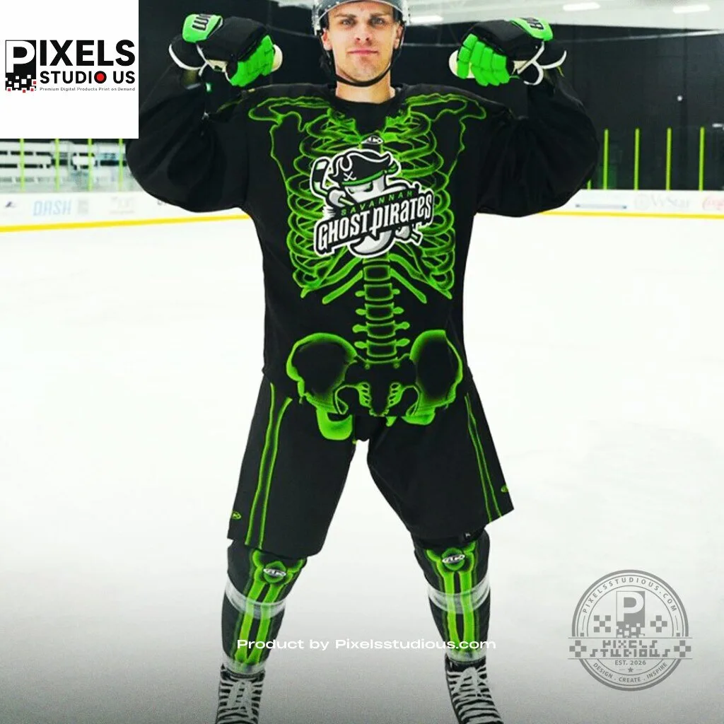 Savannah Ghost Pirates Glow-in-the-Dark Skeleton Halloween Theme Night Jersey 11 Savannah Ghost Pirates Glow-in-the-Dark Skeleton Halloween Theme Night Jersey 3D shirt or sports jersey with all-over print design