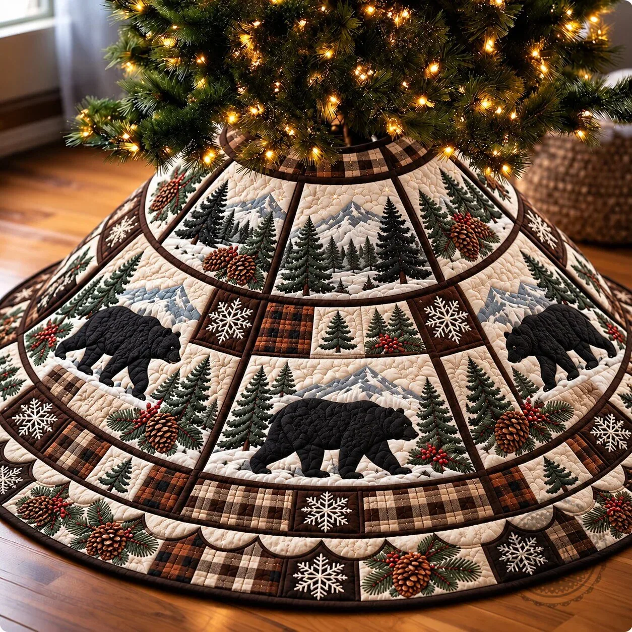 Rustic Winter Bear and Pine Tree Quilted Christmas Tree Skirt