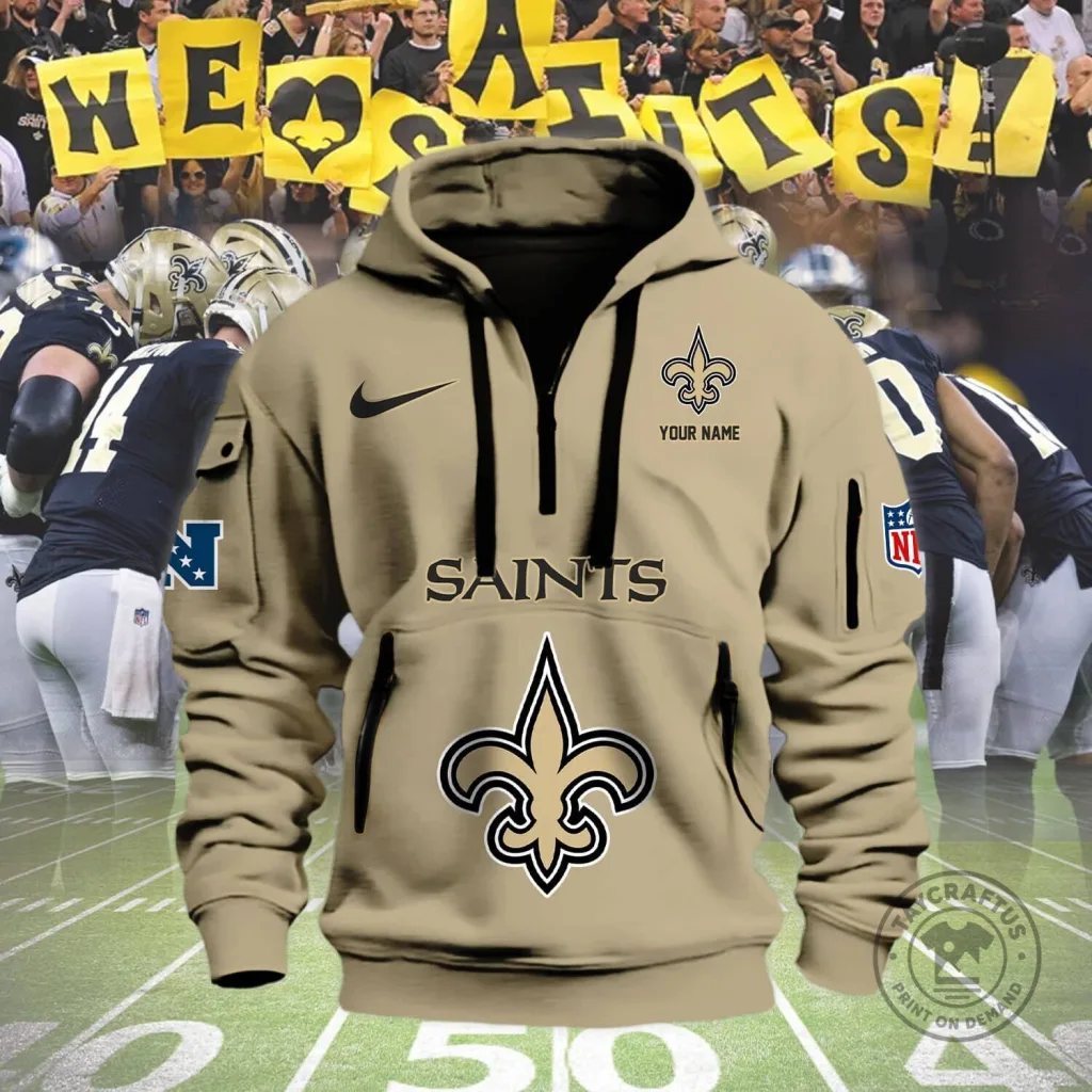 New Orleans Saints Football Team Logo Custom Name Tan Half-Zip Hoodie New Orleans Saints Football Team Logo Custom Name Tan Half-Zip Hoodie